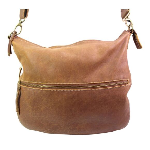 ROOMY Roots TAN BROWN GENUINE LEATHER ZIP TOP X-BODY SHOULDER BAG PURSE CLUTCH - Picture 2 of 15